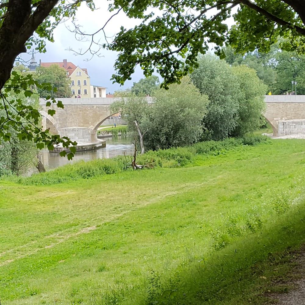 Stone bridge over a river with green grass.